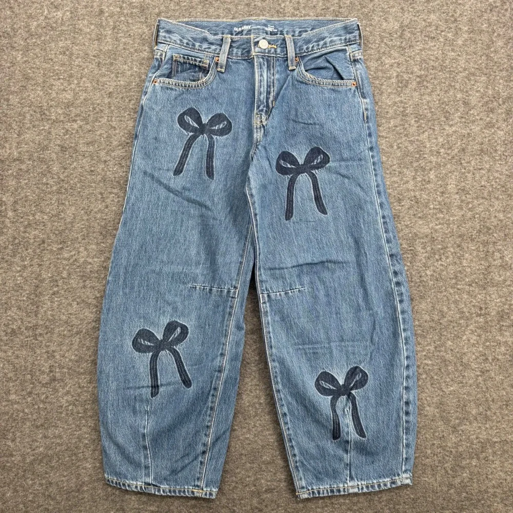 Old Navy Girls 12 Mid Rise Baggy Barrel Leg Jeans Blue Bow Print Coquette Denim